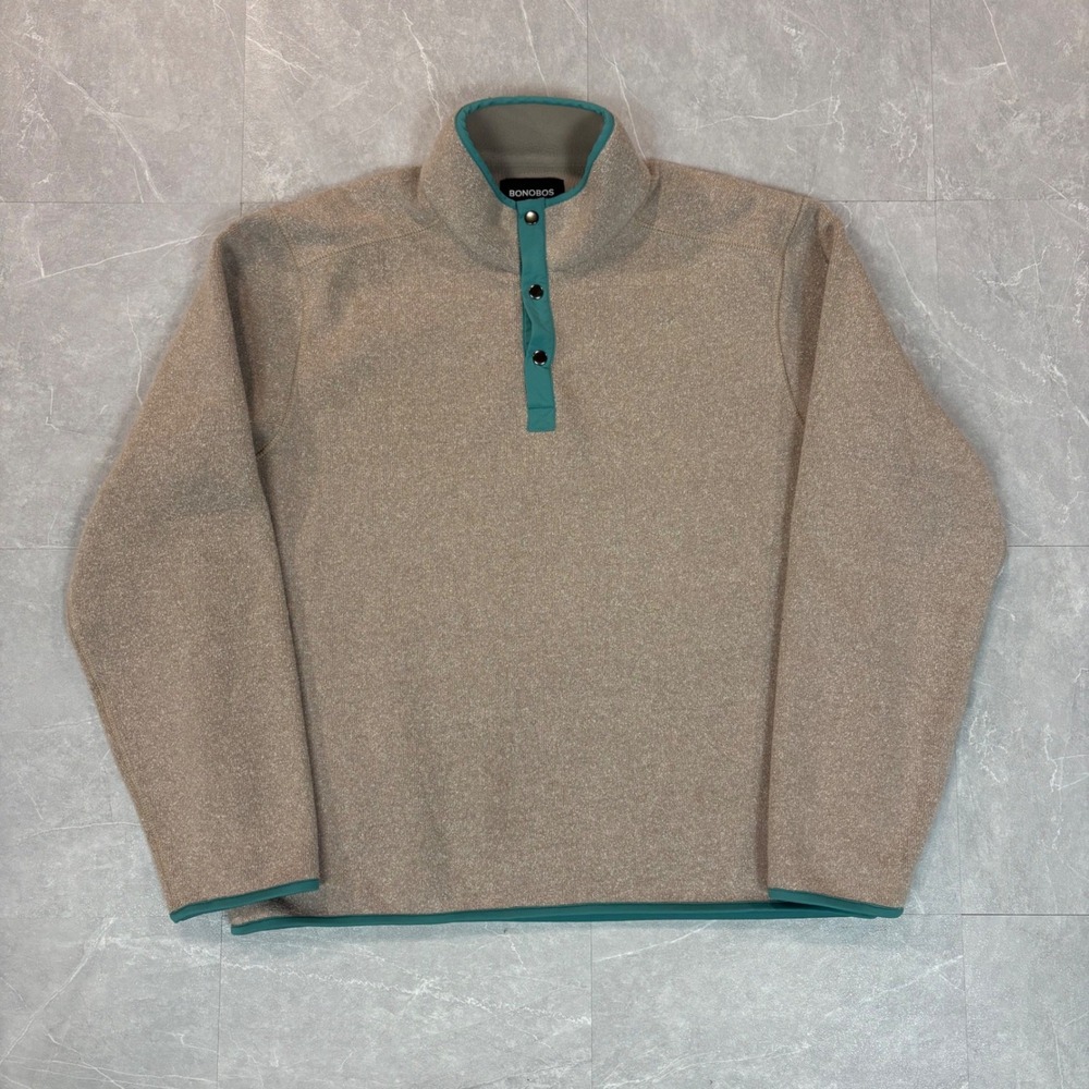 Bonobos Mens Fleece Pullover Tan Teal Trim Snap Neck Mock Neck Size L 2792